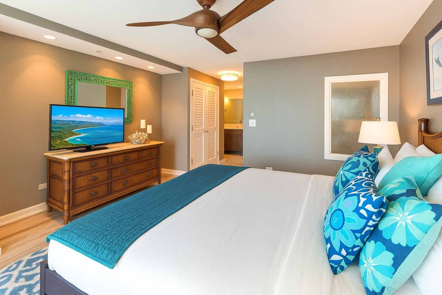 Une chambre à coucher comprenant un lit, une commode, un téléviseur, un ventilateur de plafond et une porte menant à la salle de bain.
