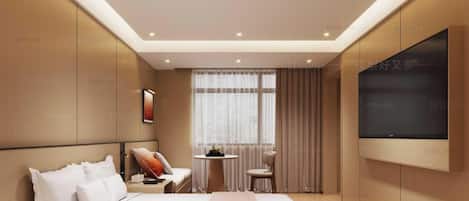Un dormitorio moderno con cama, mesita de noche, silla, televisor y ventana con cortinas.