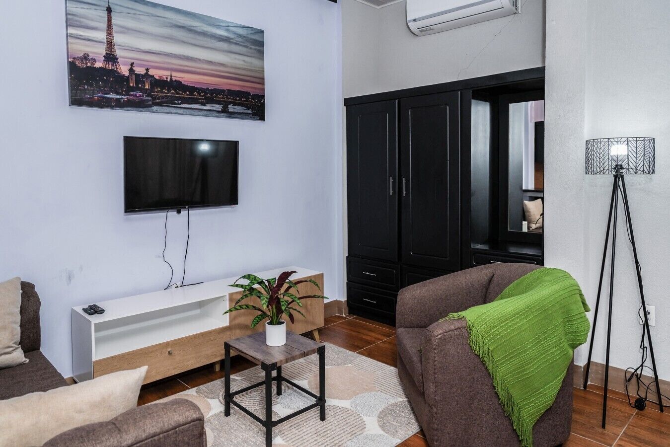 A living room with a TV, a plant, a sofa, and a cabinet.