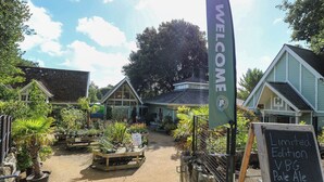 Un centre de jardinage avec une pancarte d’accueil, un panneau publicitaire pour une bière blonde en édition limitée, et une grande variété de plantes et de fleurs.