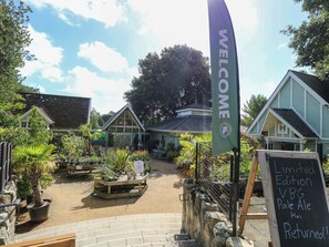 A garden center with a welcome sign, a signboard for a limited edition pale ale, and a variety of plants and flowers. - The Old Post Office (Ventnor)