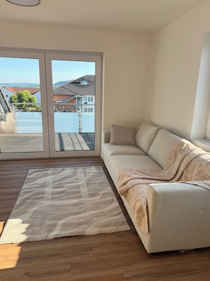 A modern living room with a sofa, a patterned rug, and a view through a glass door to a balcony.