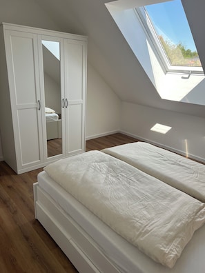 A bedroom with a skylight, a wardrobe, and a bed.