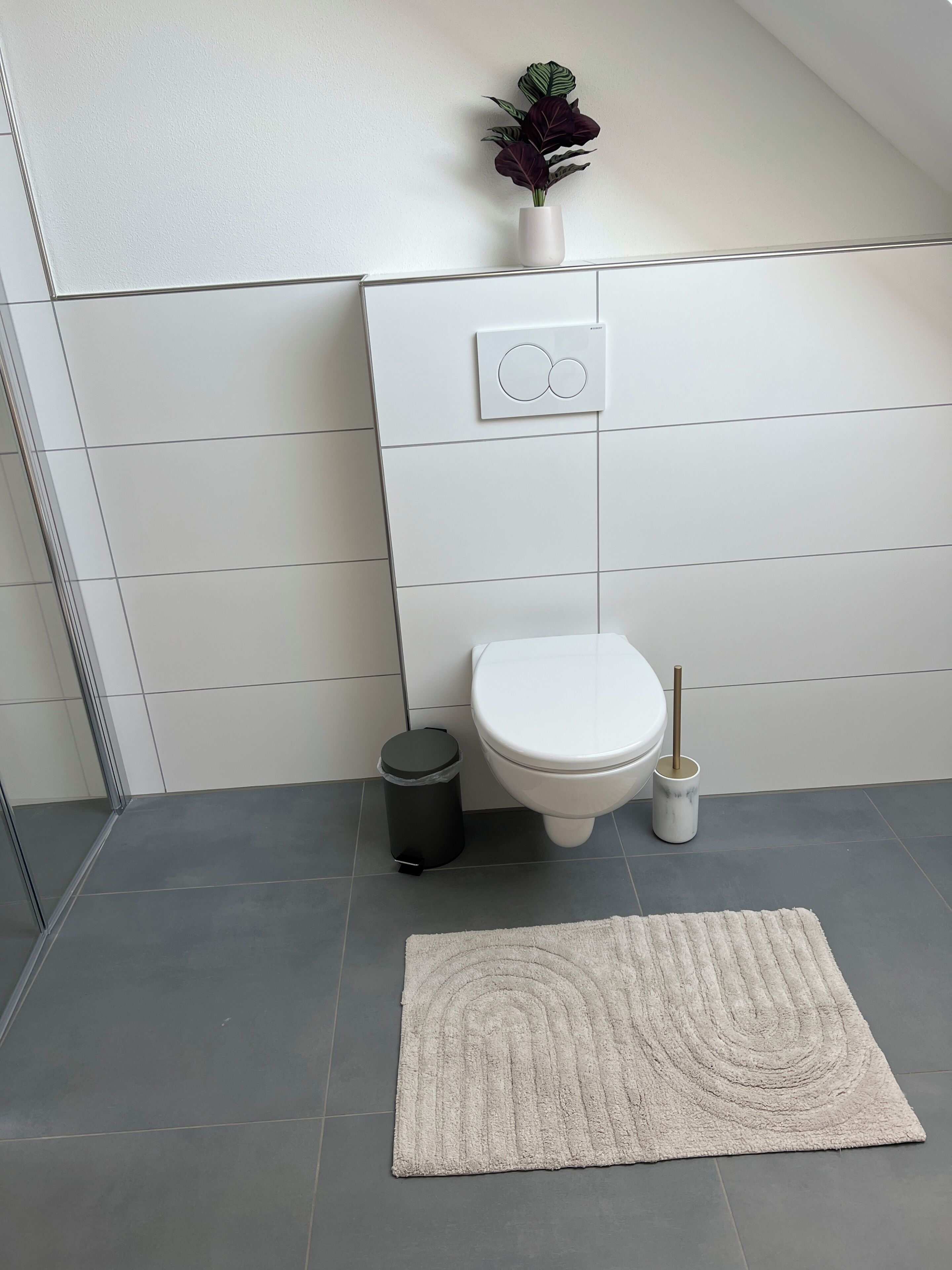 Un baño con inodoro, un cubo de basura, un escobillón, una alfombra blanca y una planta en maceta.