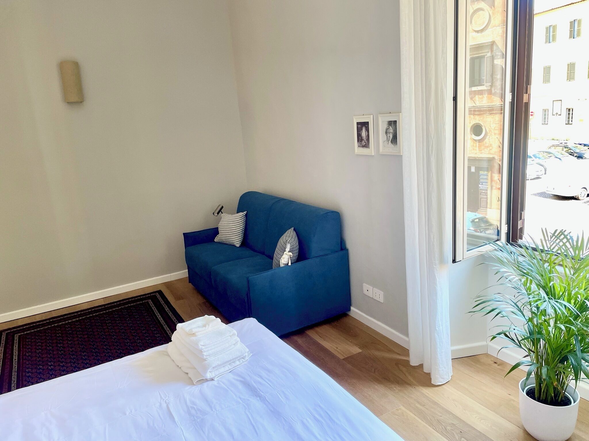 A hotel room with a bed, a blue sofa, a potted plant, and a view of the street through the window.