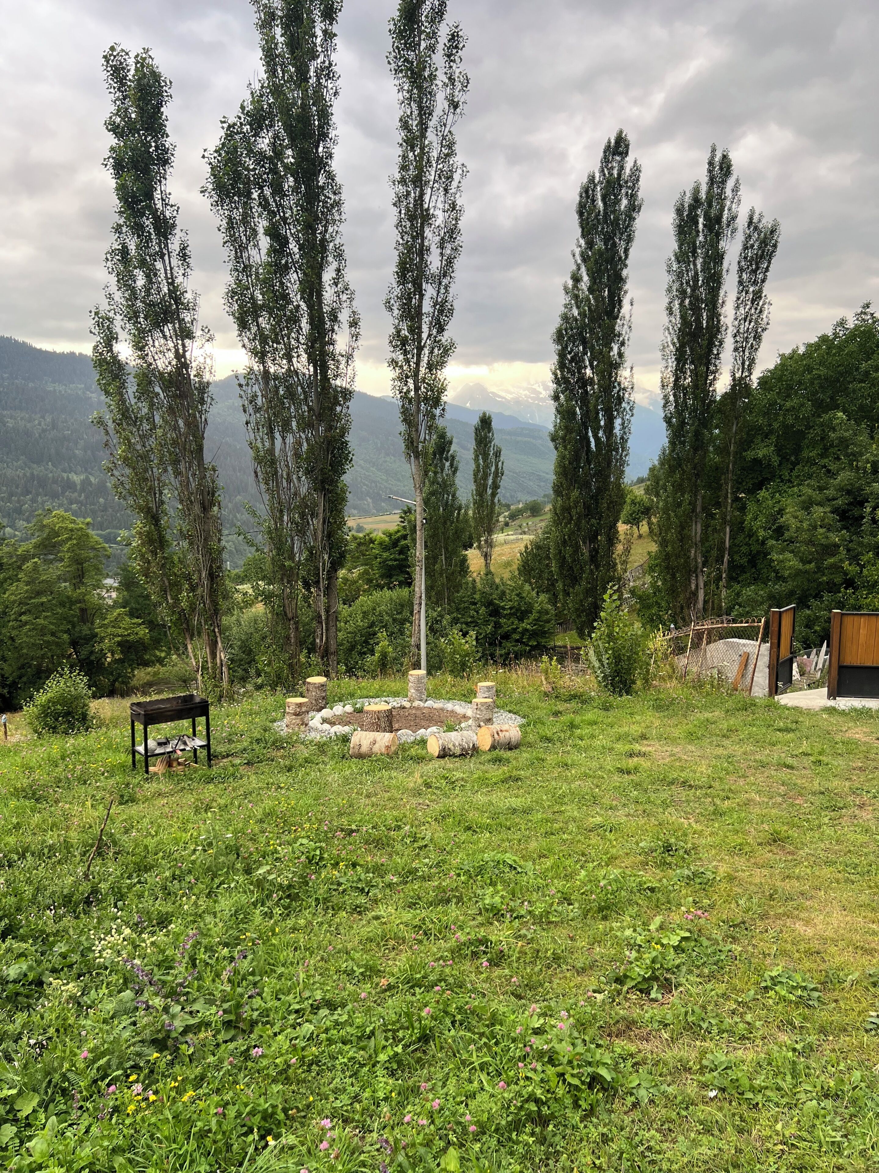 Un espacio al aire libre con césped y una disposición circular de troncos, un banco y una estructura de madera.