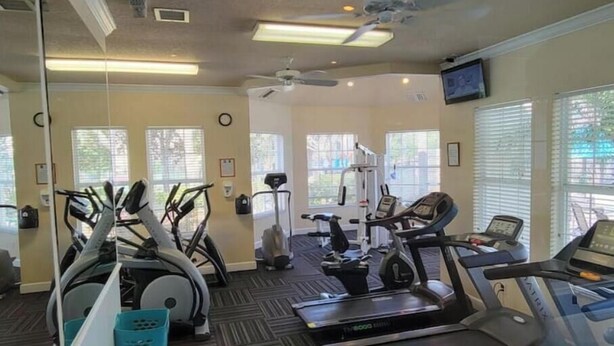 A gym with treadmills, elliptical machines, and stationary bikes. - Beautiful 2-bedroom condo in a serene gated community with refreshing AC (Kissimmee)