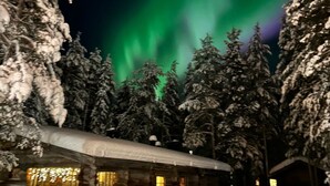Et sneklædt landskab med en bygning og træer under en nattehimmel med grøn nordlys.