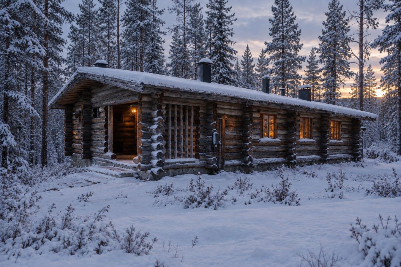 Une cabane en rondins, avec une façade en bois, une cheminée et un intérieur éclairé.