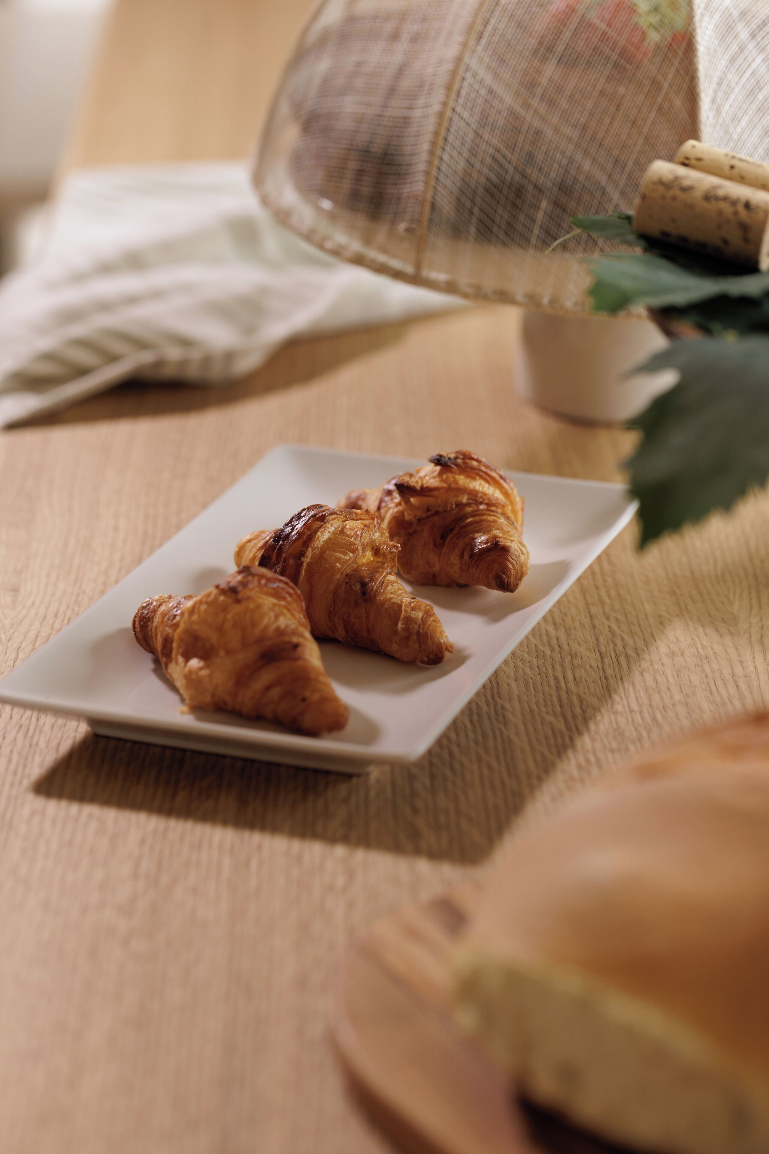 A plate with croissants on a table.