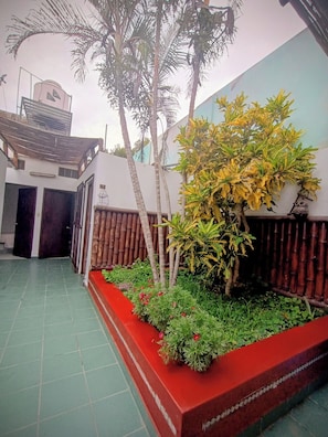 A courtyard with a red planter, palm trees, and a building with a white facade and dark doors.
