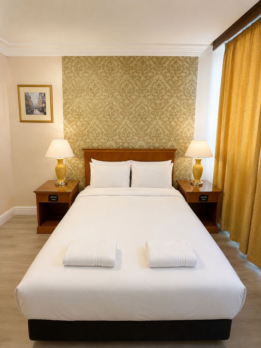 A hotel room with a large bed, two bedside tables with lamps, a patterned wallpaper, and a framed picture on the wall.