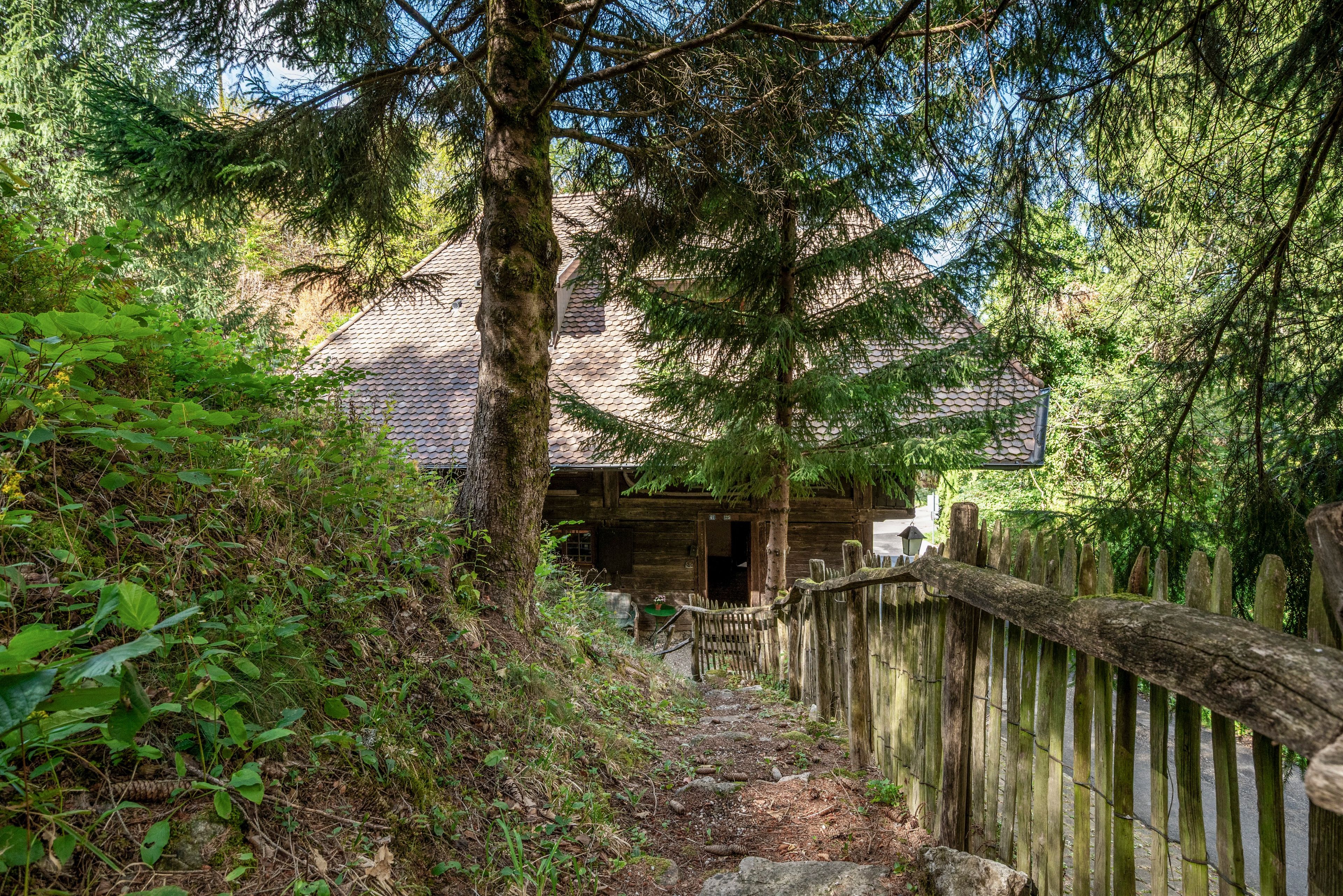 Eine Holzhütte mit Ziegeldach, umgeben von dichtem Wald und einem Holzzaun.