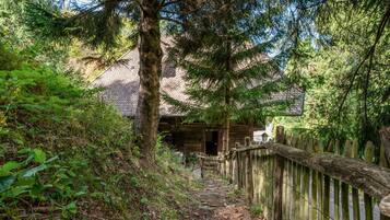Eine Holzhütte mit Ziegeldach, umgeben von dichtem Wald und einem Holzzaun.