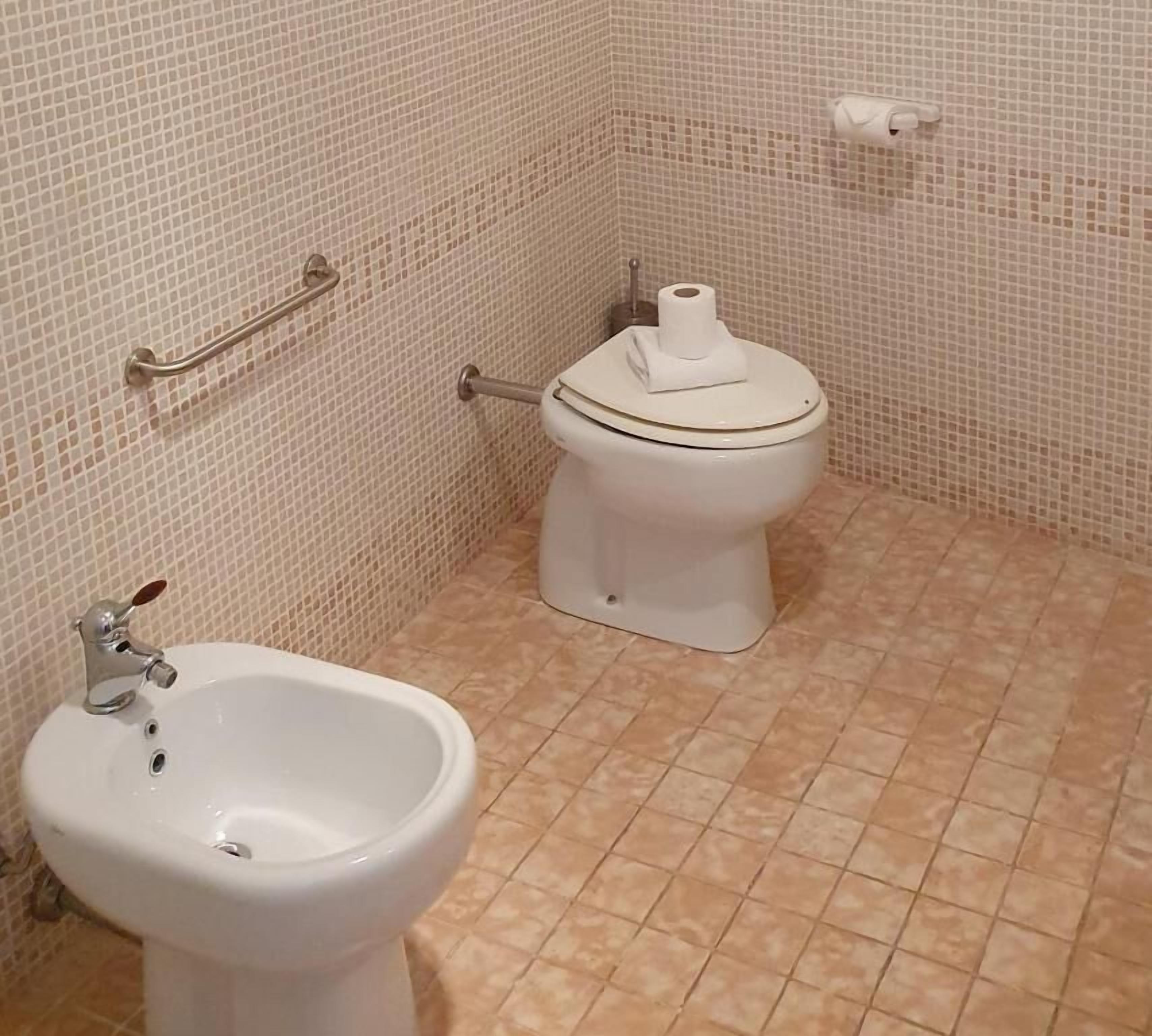 A bathroom with a bidet, toilet, and handrail.