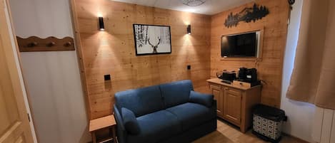 A cozy room with a blue sofa, wooden walls, a mounted TV, and a ceiling light fixture.