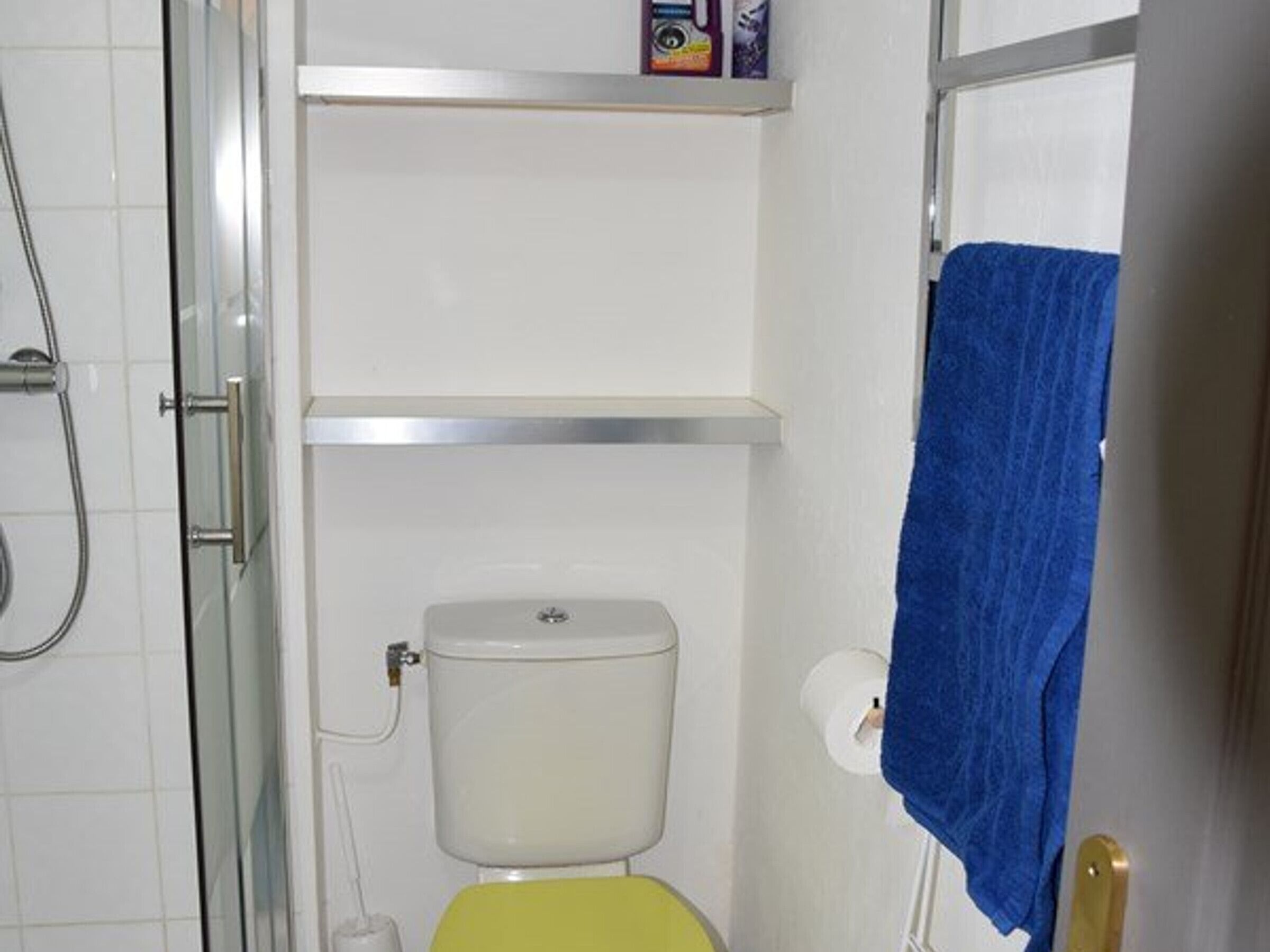 A bathroom with a toilet, a shower, and a towel hanging on the door.