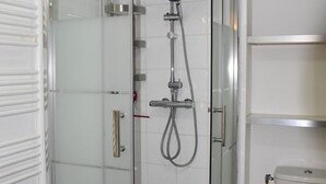 A glass-enclosed shower with a handheld showerhead and a wall-mounted faucet. - Studio cabin facing slopes - Pets OK (Montgenèvre)
