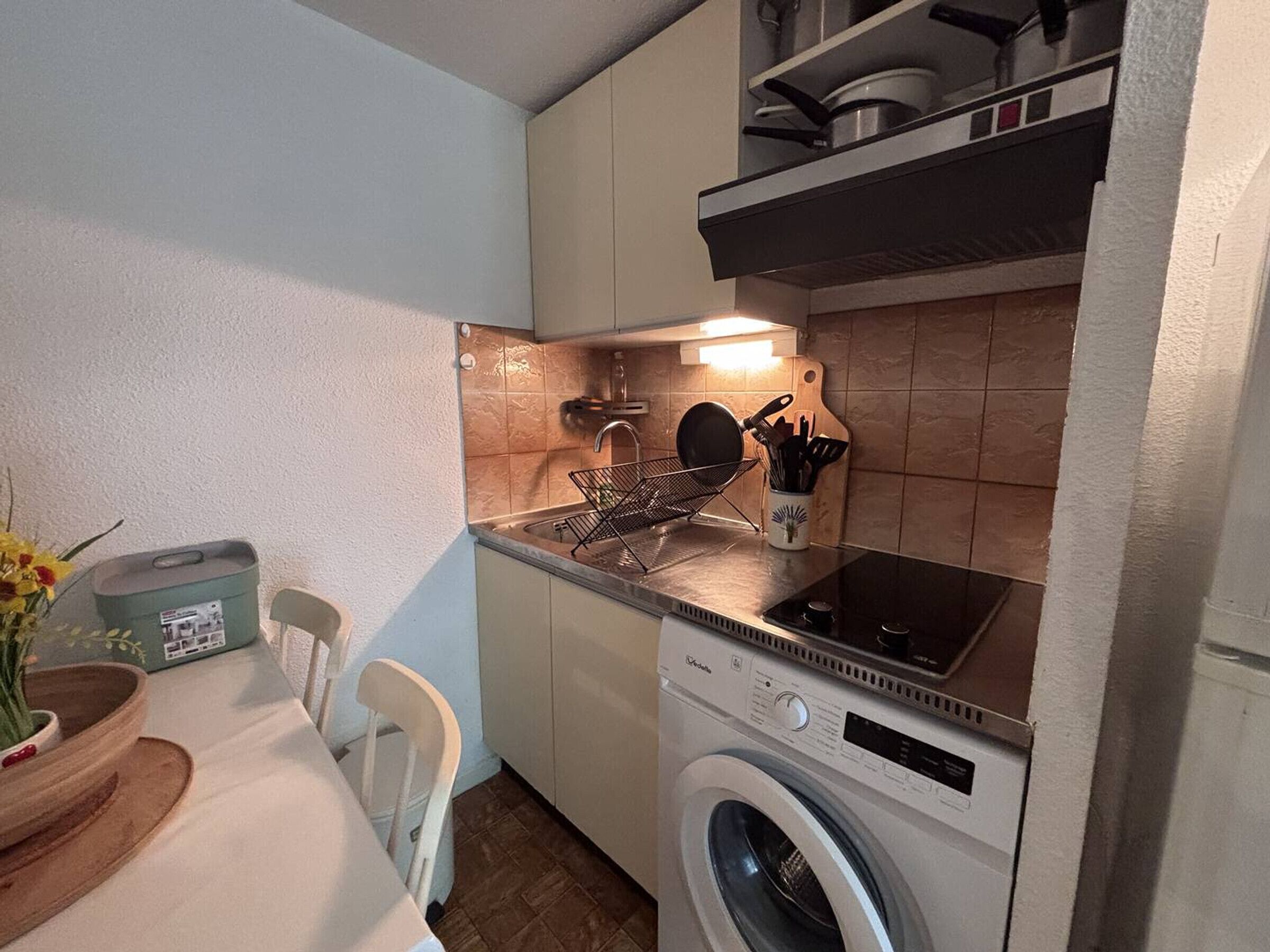 Una cocina compacta con lavadora, pileta y escurreplatos.
