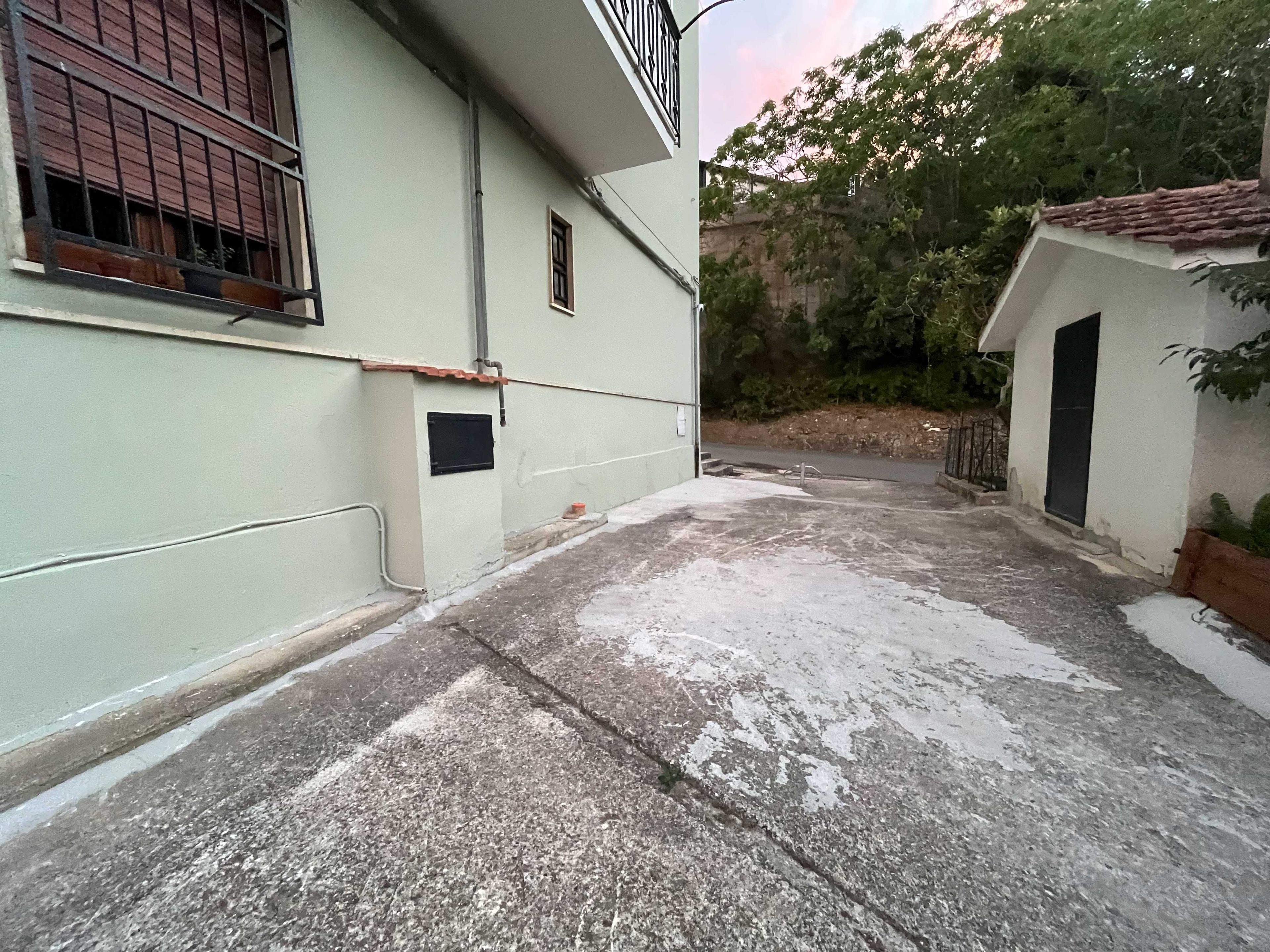 A narrow alleyway with a concrete path, a small building with a black door, and a window with metal bars.