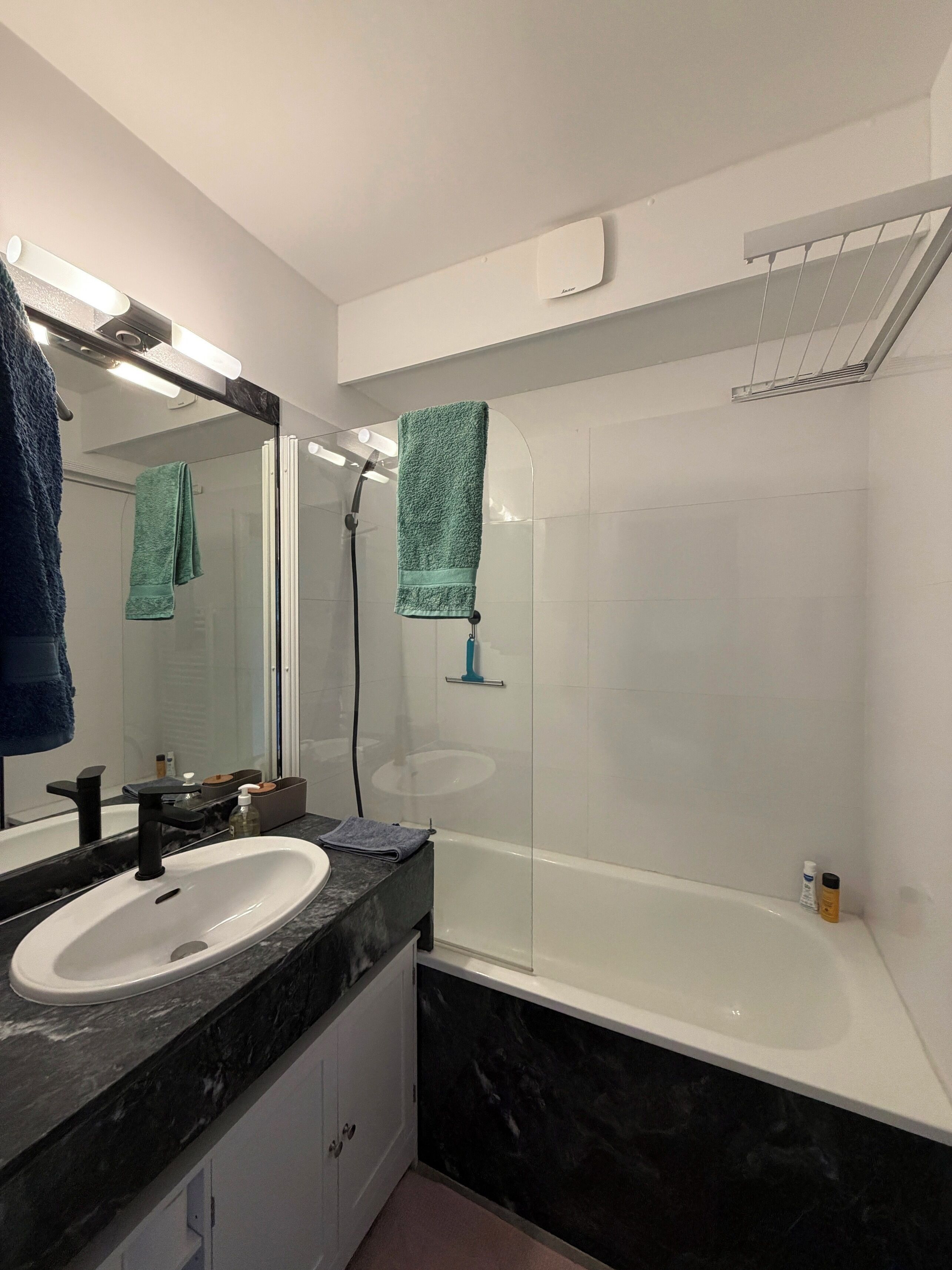 A modern bathroom with a white sink, black marble countertop, a glass-enclosed shower, and a white bathtub.