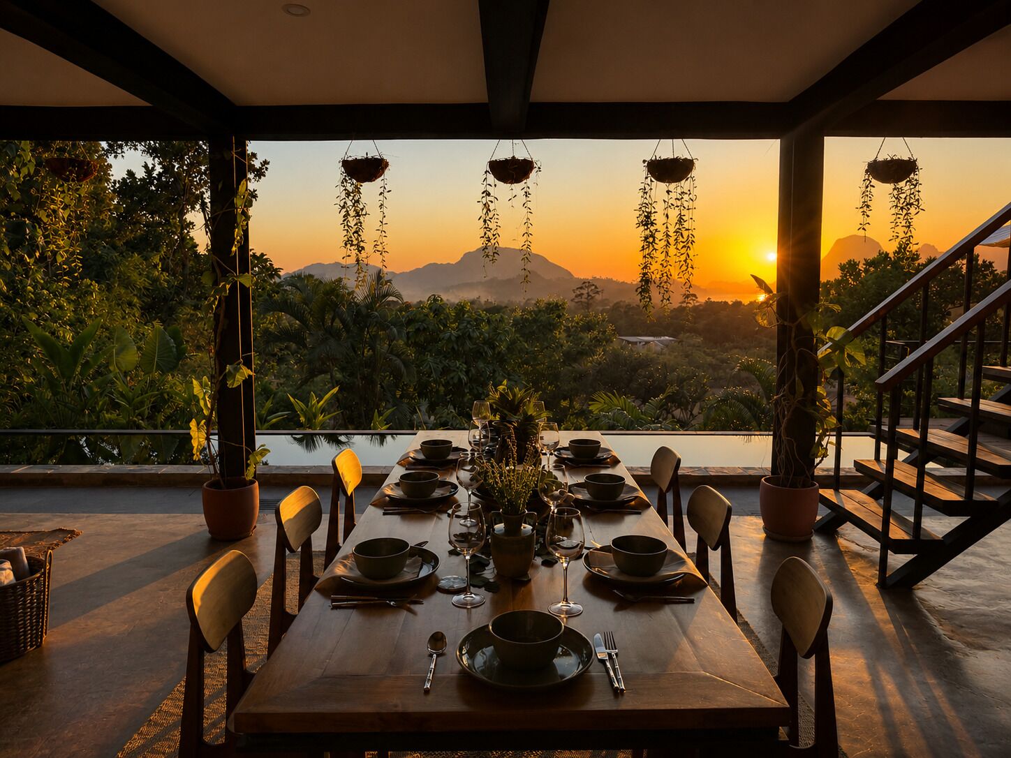 A dining table set for four with a view of a sunset and mountains.
