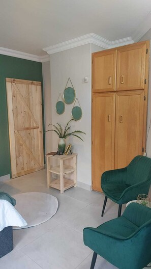 A room with a green wall, a wooden wardrobe, a green chair, a small table with a plant, and a white round rug. - Guesthouse Charis  (Pretoria)