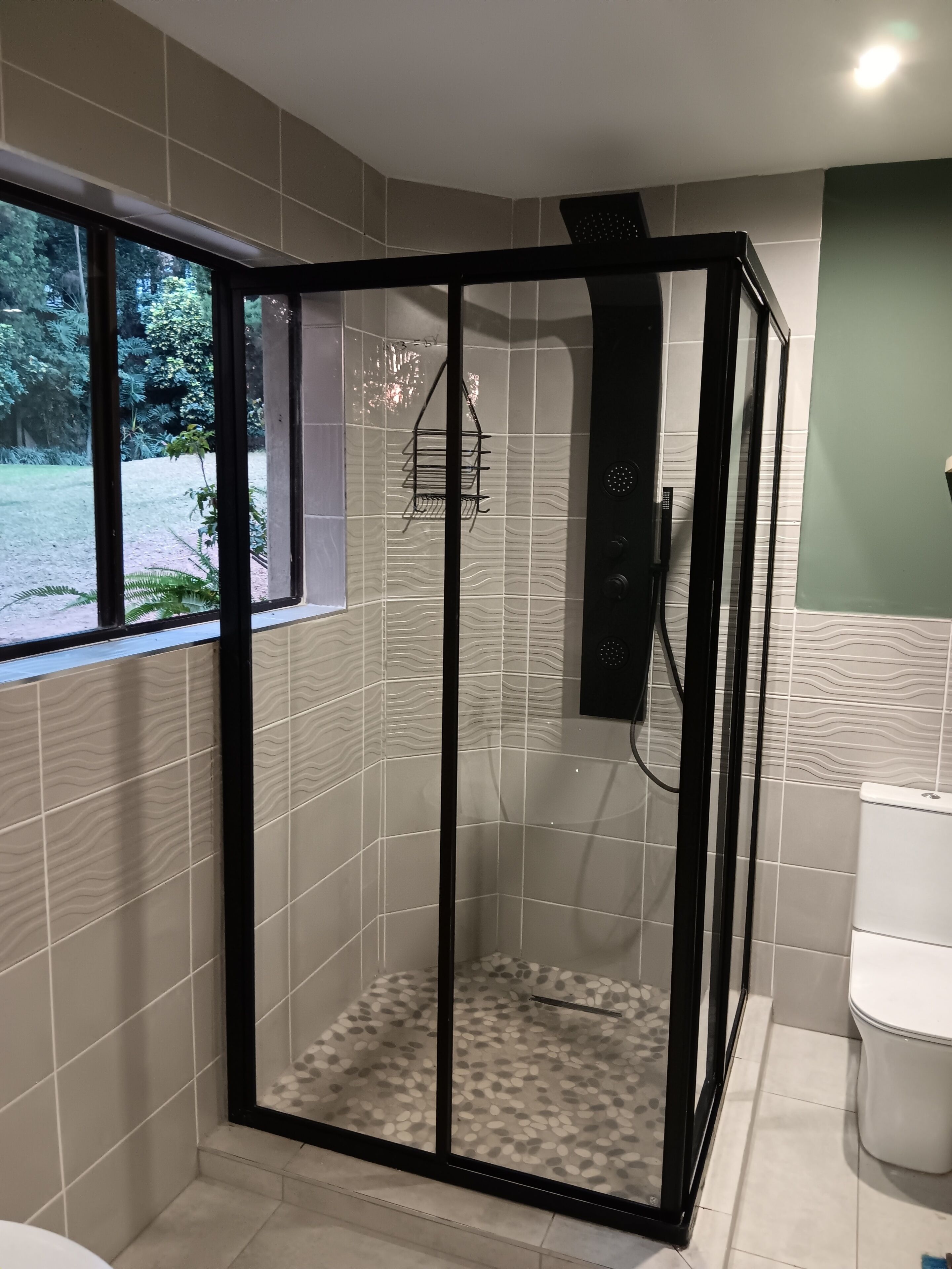 Eine Duschkabine mit Glastür, einem Handtuchhalter und einer rechts befindlichen Toilette.