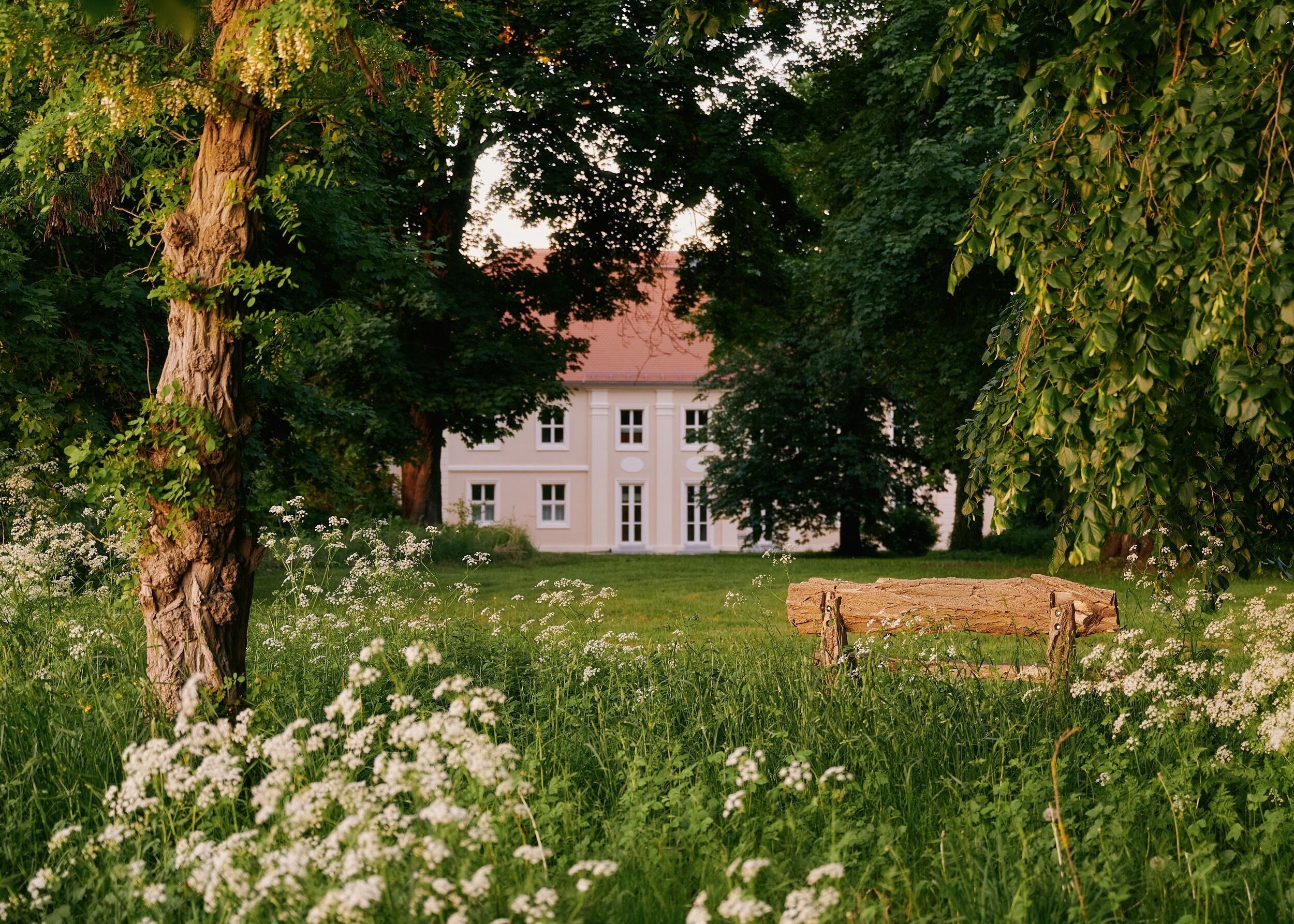 A large building with a symmetrical facade, surrounded by lush greenery and flowering plants.