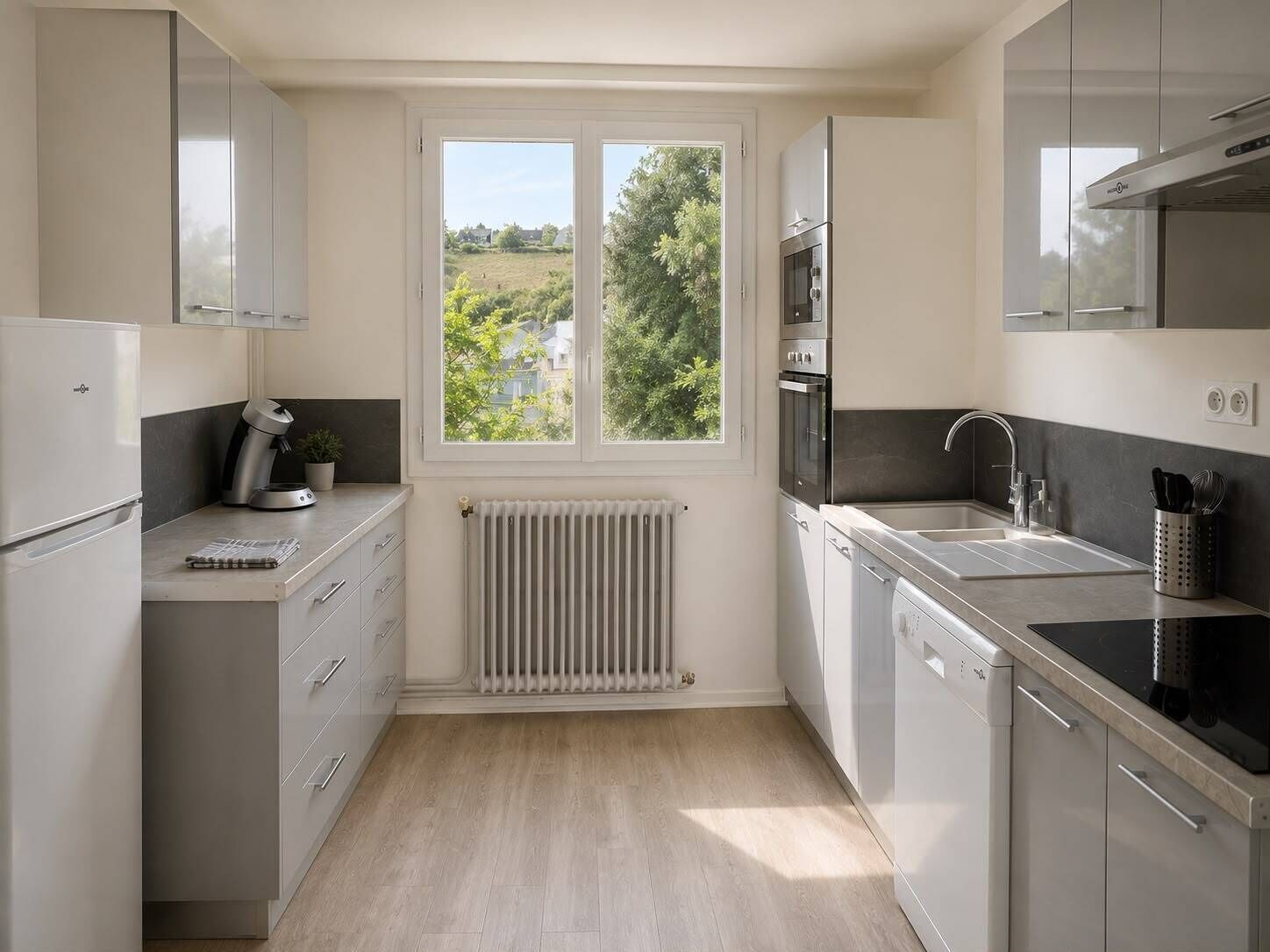 Wasserkocher mit Kaffee-/Teezubehör, Kühlschrank, Mikrowelle, Ofen