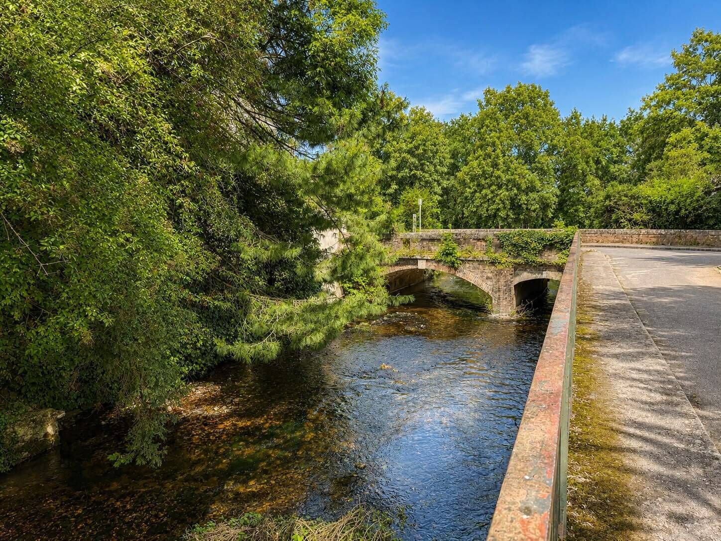 Een rivier met een stenen brug, omringd door weelderige begroeiing.
