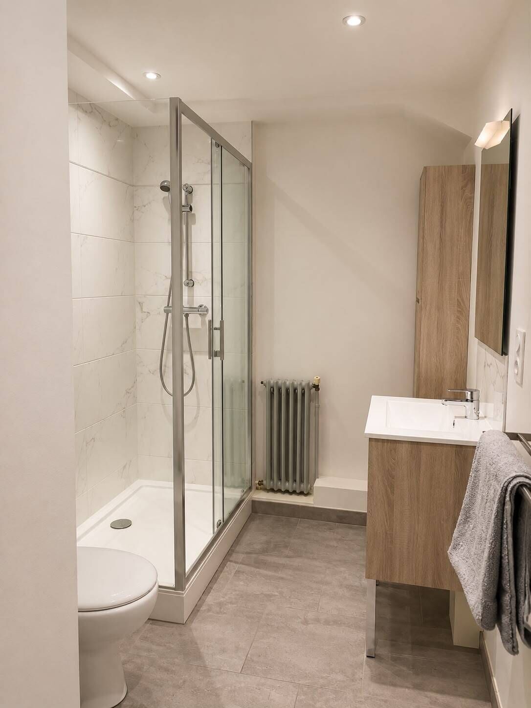 Shower, towels, toilet paper