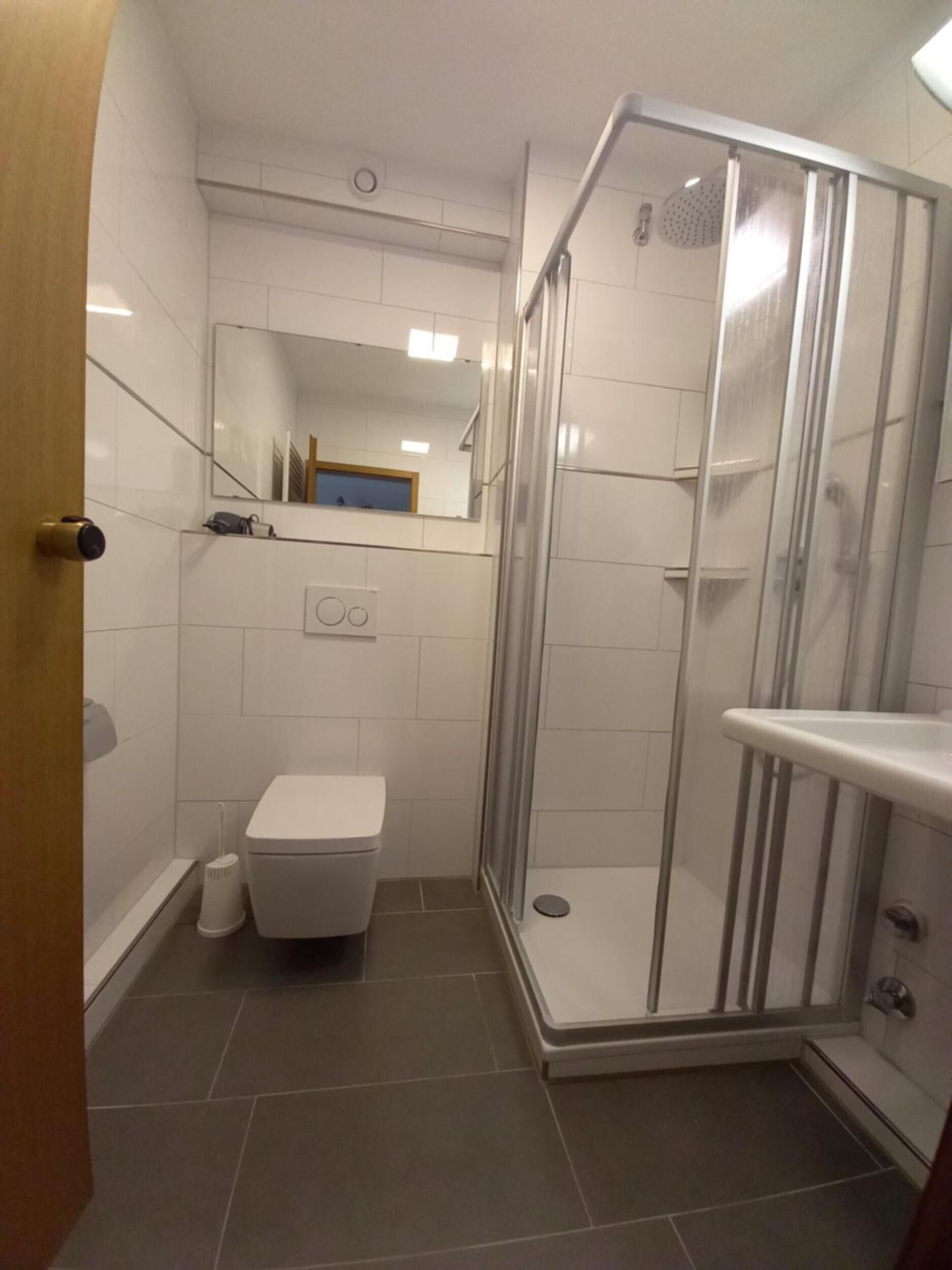 A modern bathroom with a toilet, a shower enclosure, and a mirror.