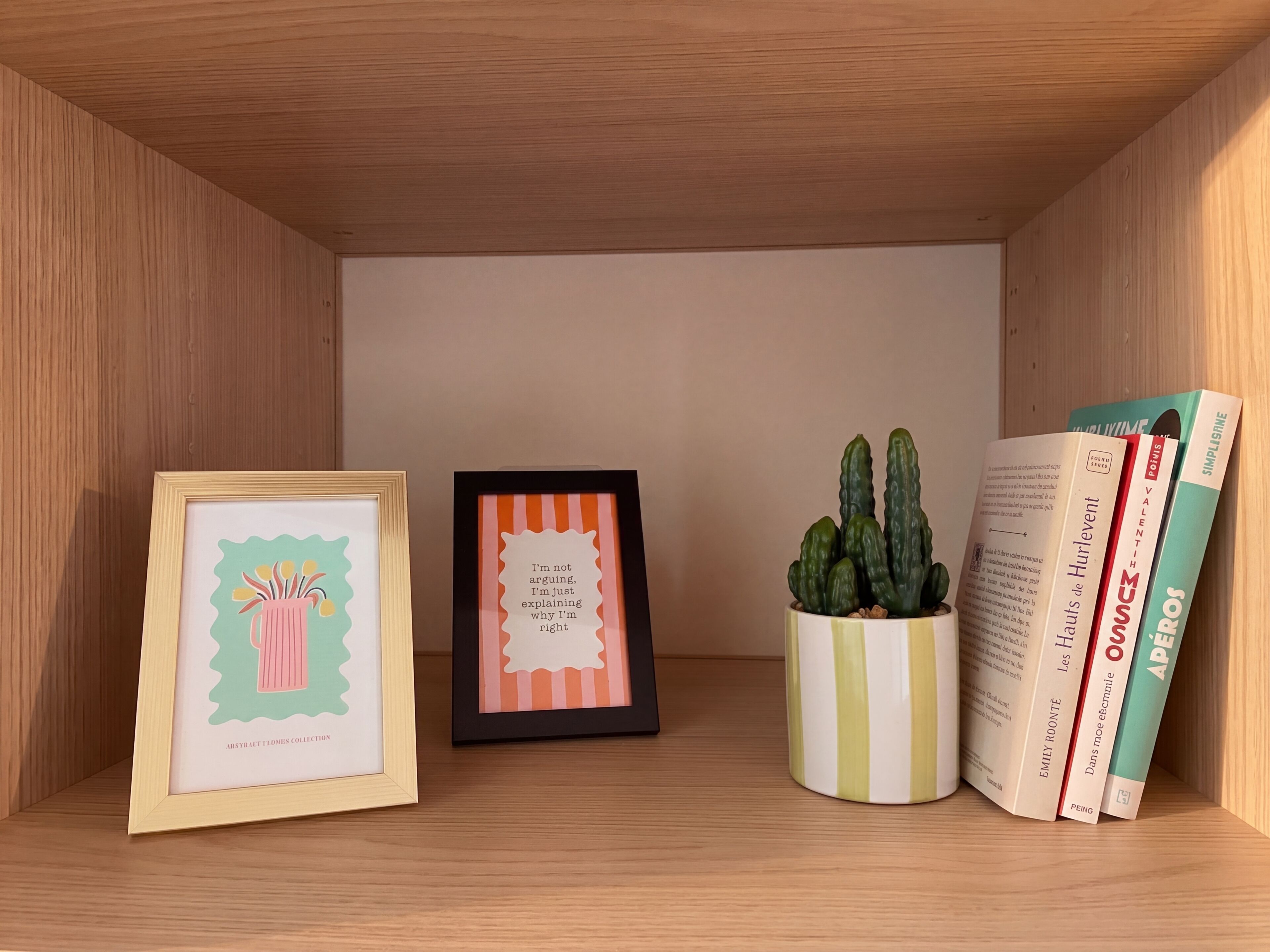 Una estant de fusta amb una obra d'art emmarcada, un paper amb ratlles, un cactus en test i una pila de llibres.