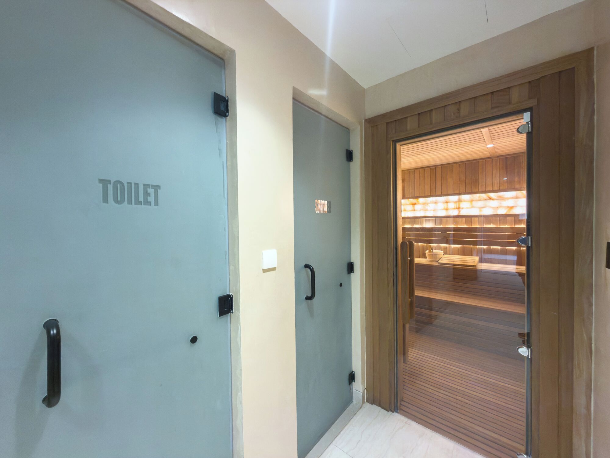 Un baño de hotel con inodoro, ducha y puerta de vidrio que da a un área de spa.