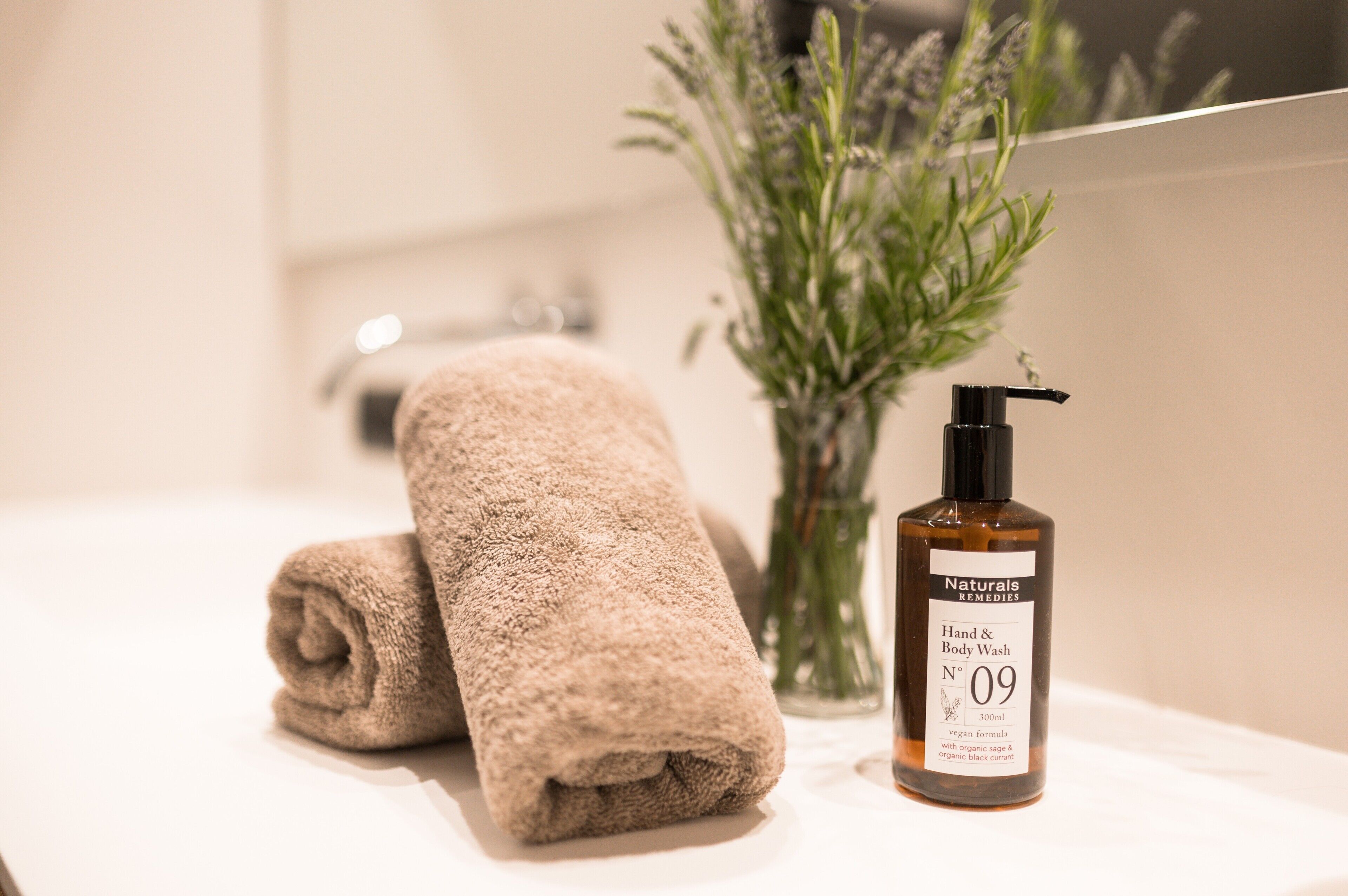 A bathroom with a towel, a bottle of hand and body wash, and a plant.
