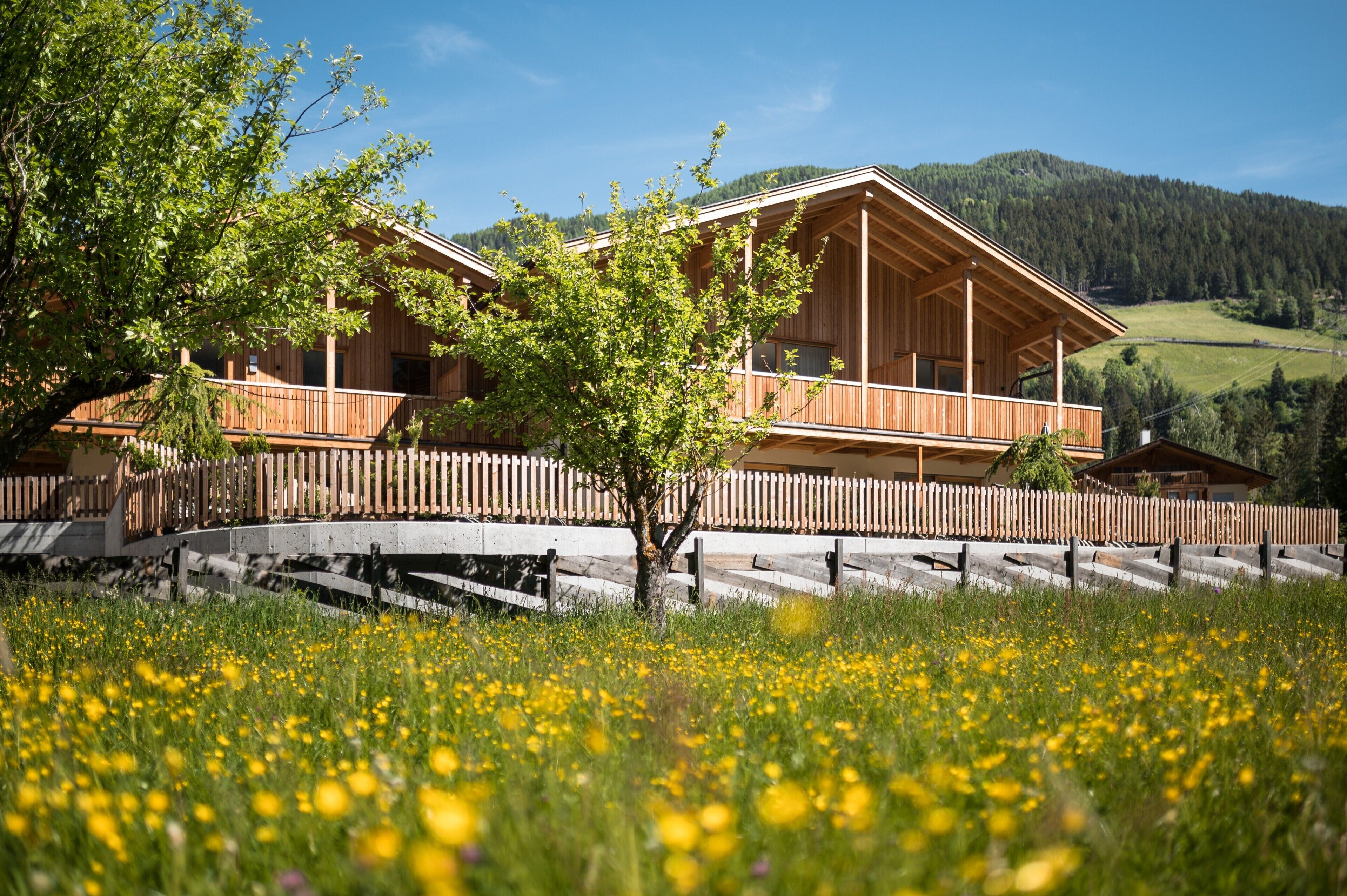 A wooden chalet with a balcony, surrounded by a wooden fence and a field of yellow flowers.