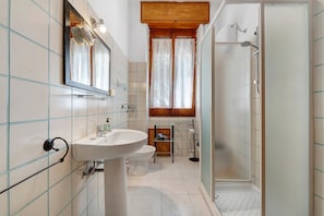 A bathroom with a sink, mirror, shower, and toilet.