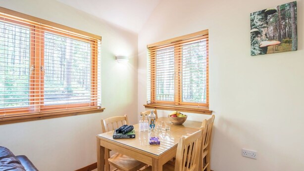 A room with a dining table, chairs, and a window with blinds. - Nice apartment for 4 guests with TV, patio and pets allowed (Coldstone)