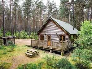 Eine Hütte mit einer Terrasse, umgeben von einem Wald.