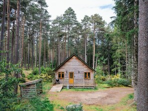 Eine Hütte mit Veranda, umgeben von einem Wald.