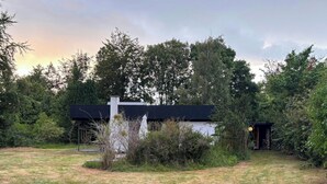 Ein modernes Haus mit schwarzem Dach, umgeben von einem grünen Rasen und dichten Bäumen.