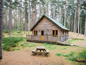 Una cabaña con porche, mesa de picnic y un fondo de bosque.