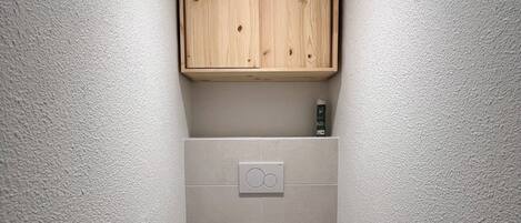 A small bathroom with a toilet, a wooden cabinet above the sink, and a wall-mounted toilet paper holder.