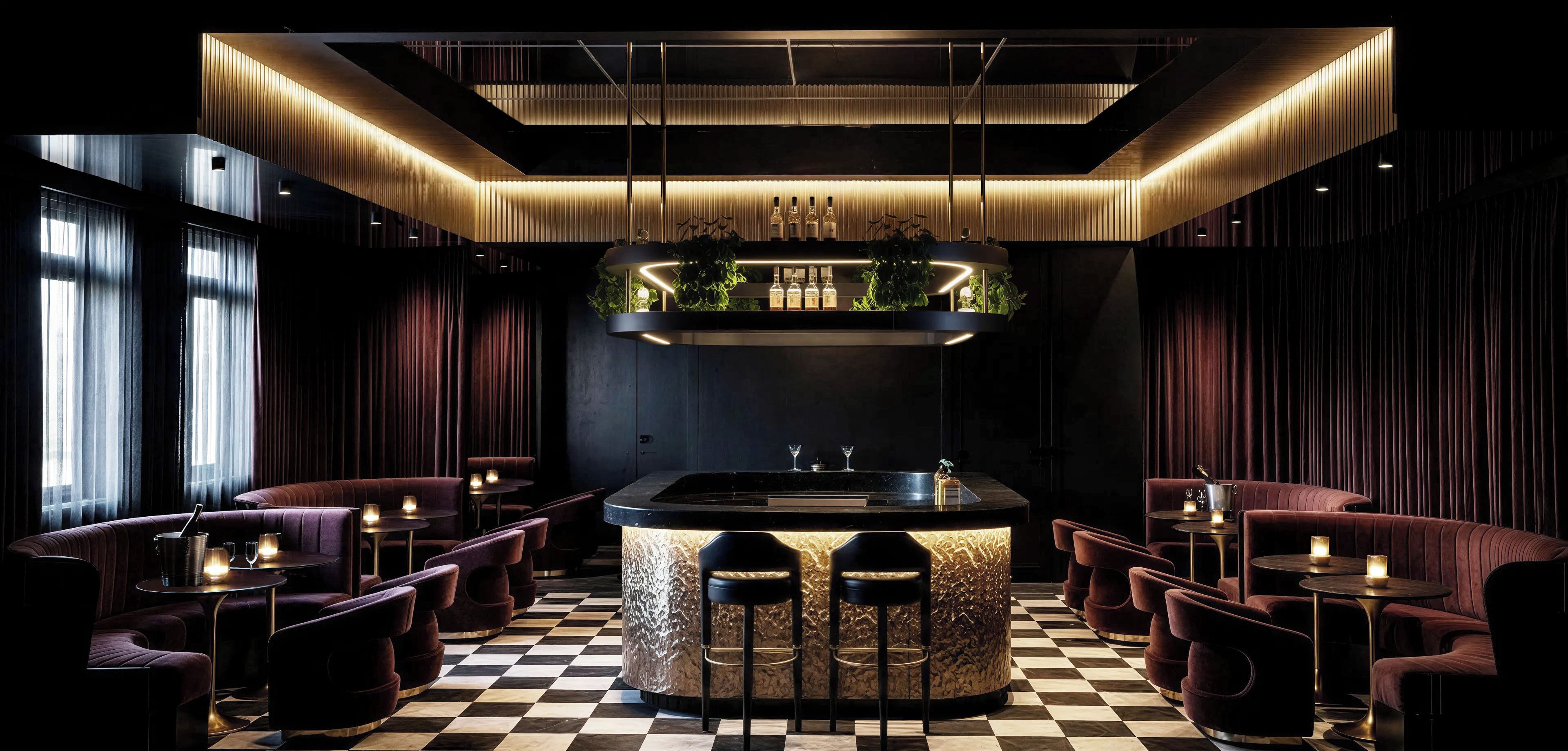 Uma área de bar com chão xadrez, banquetas e um balcão central com design texturizado singular.