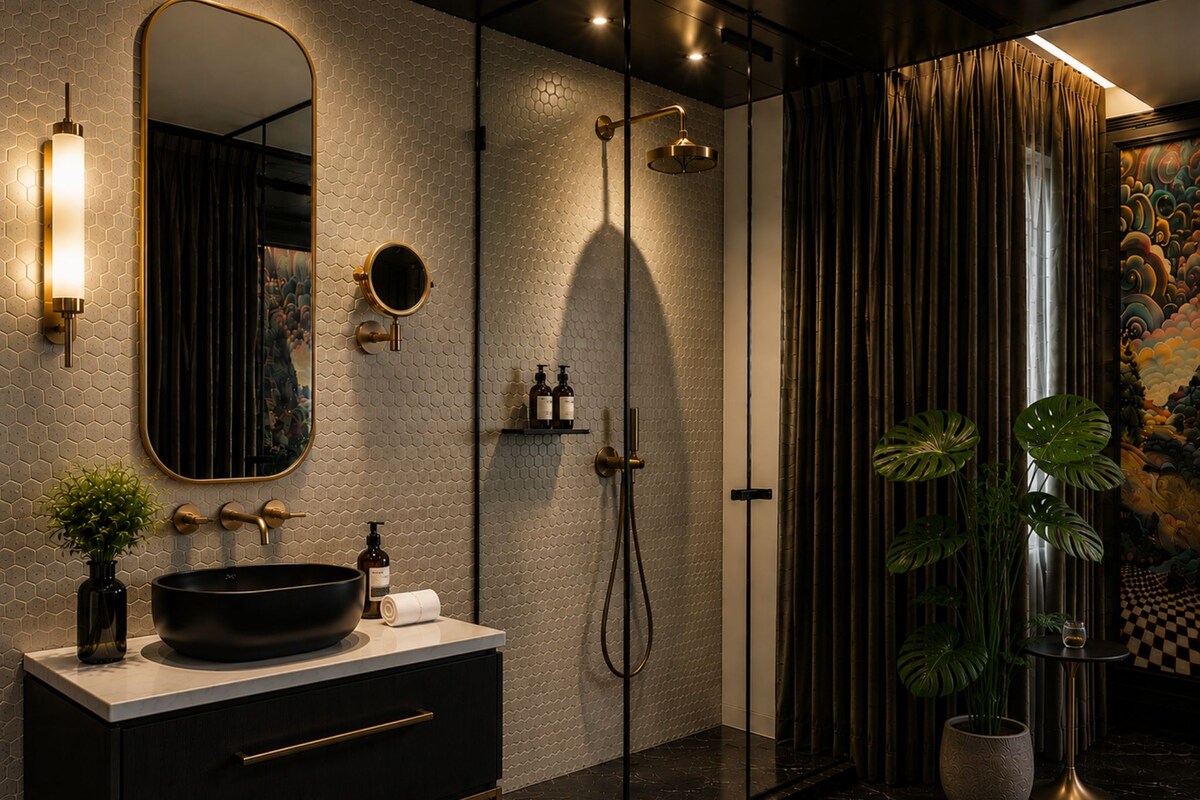 A modern bathroom with a black vanity, a large mirror, a shower with a handheld showerhead, and a potted plant.