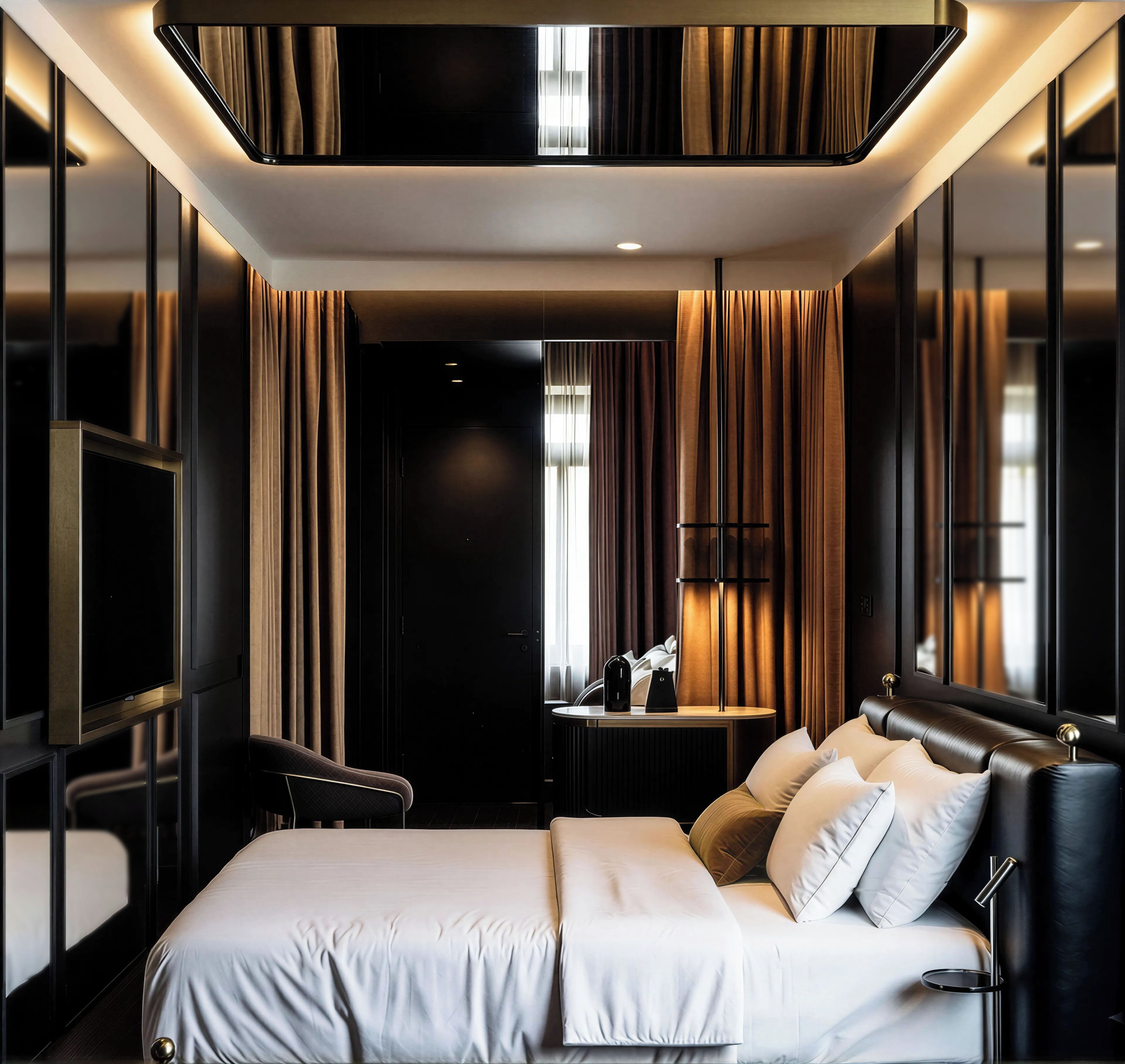 Una habitación de hotel moderna con una cama grande, un escritorio y una televisión.