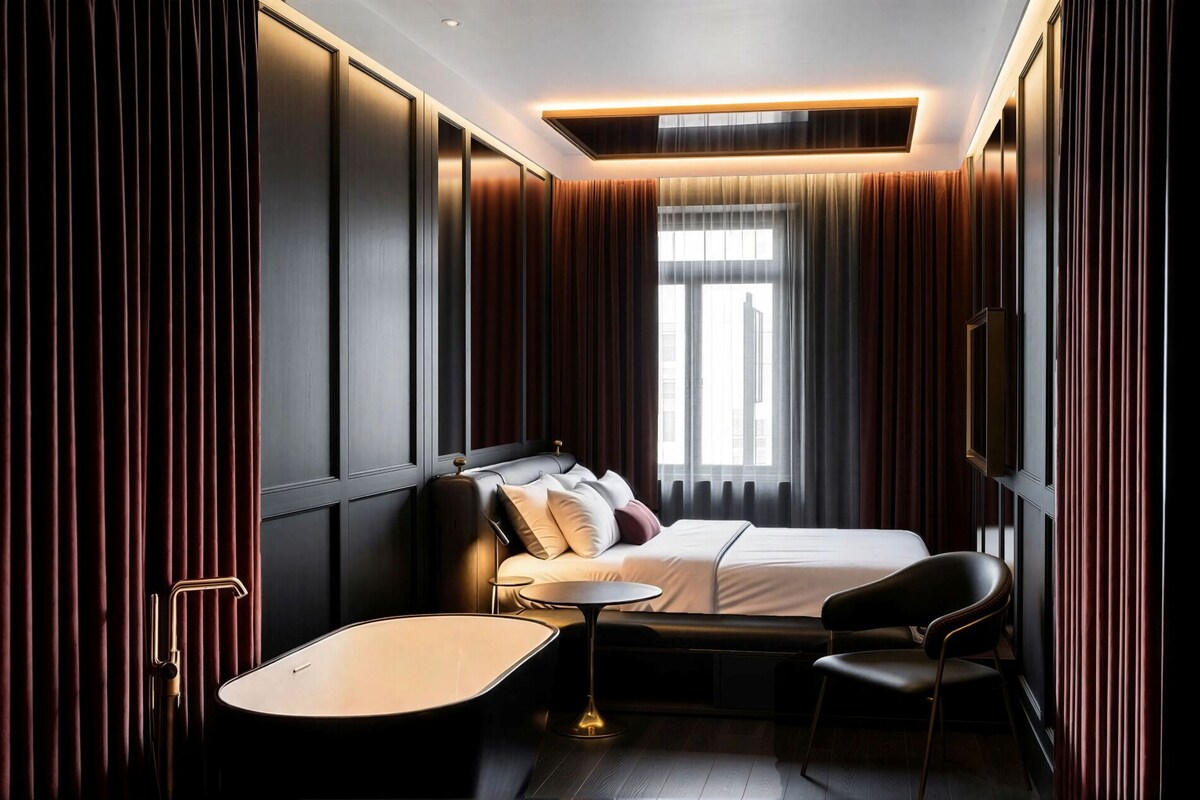 A modern hotel room with a bed, a desk, a chair, and a bathtub.
