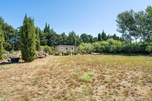 A single-story house with a flat roof, surrounded by a grassy field and dense trees.