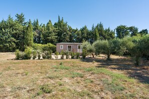 A single-story house with a small porch, surrounded by a dry grassy field and dense trees.